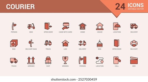 Courier e entrega colorido conjunto de ícones de linha, coleção de ícones de contorno de transporte. Ícone de cor para linha e símbolo de mistura preenchido. Os nomes dos ícones são escritos em inglês.