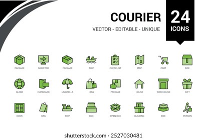Courier e entrega colorido conjunto de ícones de linha, coleção de ícones de contorno de transporte. Ícone de cor para linha e símbolo de mistura preenchido. Os nomes dos ícones são escritos em inglês.
