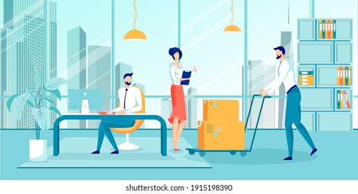 Courier Delivery to Company Employees or Courier Service Sending Company Goods to Clients and Customers. Female Manager Receives or Sends Boxes with Goods in Office. FLat Cartoon Vector Illustration.