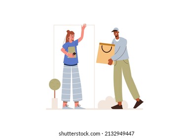 Courier delivery concept in flat design. Happy man works as deliver and carrying parcel package with order to woman client at home. Vector illustration with isolated people scene for web banner