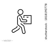 courier delivery concept, icon, moving man with box, person holding in hand package, thin line simple web symbol on white background