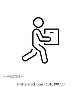 courier delivery concept, icon, moving man with box, person holding in hand package, thin line simple web symbol on white background