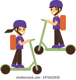 Courier delivery food on electric scooter. Delivery boy and girl deliver fresh hot food, rides fast on an electric scooter. Delivery service from cafes and restaurants. Flat style vector illustration.