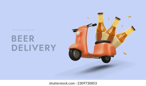 Courier delivery of fresh beer. Orders express transportation. Motor scooter carries beer bottles. Template with realistic illustration. Vector banner on colored background