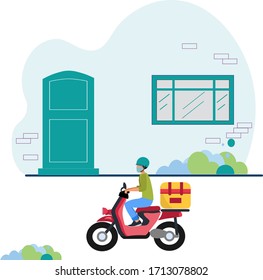 Courier for the delivery of goods on a motorcycle. Online service with delivery. Safety during the Covid19 Coronavirus epidemic. Man with face mask riding scooter motorcycle for delivery. Vector