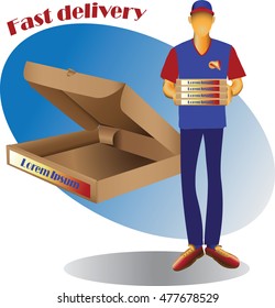 Courier delivery of goods and square packing. Vector image for advertising, sales and delivery of finished products to order.