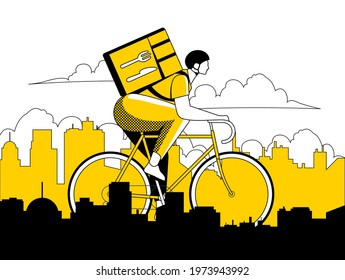 Courier or delivery guy on bicycle riding on city landscape silhouette in black and yellow colors. Food delivery service concept for banner or flyer or website design. Vector illustration