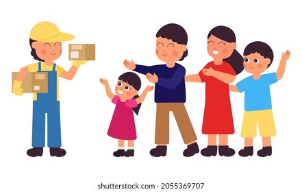 Courier. Delivery guy, worker and happy family. Deliveryman with parcels, isolated boy with boxes, parents and children, decent vector characters