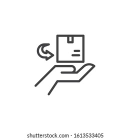 Courier delivery hand line icon. Cargo logistic linear style sign for mobile concept and web design. Hand with parcel box outline vector icon. Symbol, logo illustration. Vector graphics