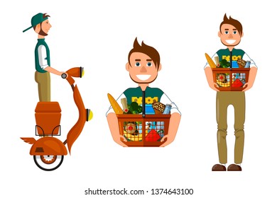 Courier delivery and hands over the order. Supermarket basket with food.  Buying food. Courier on a scooter with a cargo. Courier is handing a order. Flat vector design. Isolated objects.