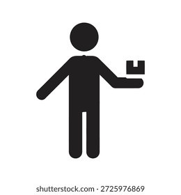 Icono de la entrega del mensajero que sostiene el regalo Pequeño de la caja para el correo del servicio de envío expreso y el paquete del Cliente que entrega sobre el transporte de la logística dan
