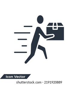 ilustración vectorial del icono de entrega de correo. hombre en movimiento con caja, persona sosteniendo en mano plantilla de símbolo de paquete para colección de diseño gráfico y web