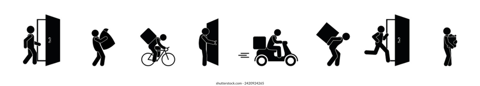 courier delivery icons set, stick figure man, isolated silhouettes of people, courier illustration