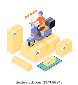 Courier delivery isometric composition with worker carrying ordered goods to consumer using bike 3d vector illustration