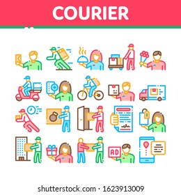 Courier Delivery Job Collection Icons Set Vector Thin Line. Courier On Scooter And Bicycle, Truck And Agreement, Weight Box And Flowers Concept Linear Pictograms. Color Contour Illustrations
