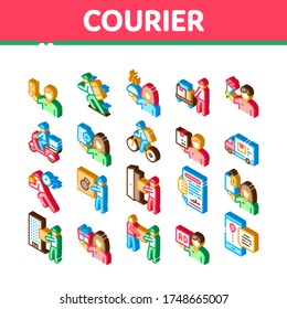 Courier Delivery Job Collection Icons Set Vector. Courier On Scooter And Bicycle, Truck And Agreement, Weight Box And Flowers Isometric Illustrations