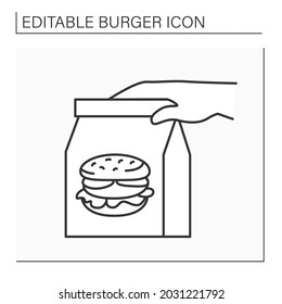 Courier delivery line icon. Fast delivery hand by hand. Tasty burger in paper bag.Fast food concept. Isolated vector illustration. Editable stroke