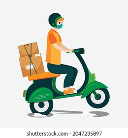 A courier for the delivery of mail. A flat vector illustration with a man on a green scooter.