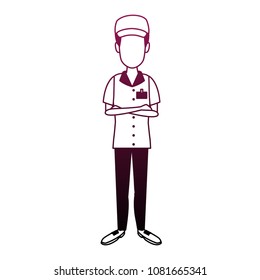 Courier delivery man cartoon on purple lines