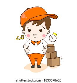 Courier or Delivery man cartoon. Online shopping. Vector illustration of cute chibi character isolated on white background.
