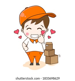 Courier or Delivery man cartoon. Online shopping. Vector illustration of cute chibi character isolated on white background.