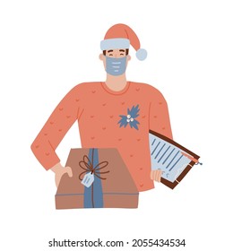 Courier or delivery man character in red clothes and red santa hat and medical face mask holding a delivery box package. Christmas delivery concept. Vector flat hand drawn illustration