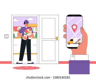 Courier or delivery man delivered the ordered bouquet of flowers home.  Business concept of ordering flowers and gifts on the website or in the application online. Flat style vector illustration.