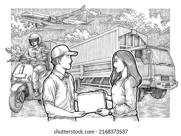 Courier Delivery Man Giving Parcel Box To Customer With Vehicle Background, Hand Hand Drawn Illustration