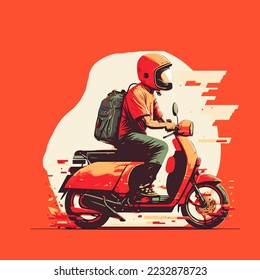 Courier for the delivery man of goods on a motorcycle scooter Online service with delivery.