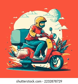 Courier for the delivery man of goods on a motorcycle scooter Online service with delivery.