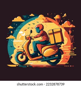 Courier for the delivery man of goods on a motorcycle scooter Online service with delivery.