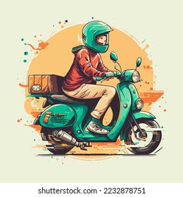Courier for the delivery man of goods on a motorcycle scooter Online service with delivery.