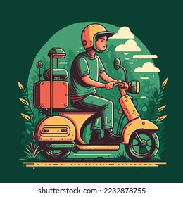 Courier for the delivery man of goods on a motorcycle scooter Online service with delivery.