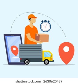 Courier delivery man holding package box to address using truck. Tracking time and route on online delivery by smartphone.