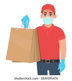 Un mensajero o un repartidor con mascarilla y guantes mostrando paquete de paquetes. Persona sosteniendo una bolsa de papel para la compra. Diseño de carácter masculino. Brote epidémico del virus Corona. Servicio de compras de seguridad durante la cuarentena.