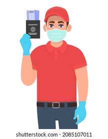 Courier Or Delivery Man In Mask And Gloves Showing Passport, Tickets. Person Holding Boarding Pass Or Visa. Corona Virus Epidemic Outbreak. Safety Postal Service During Quarantine. Vector Illustration