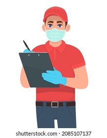 Courier or delivery man in mask and gloves writing on clipboard. Person holding notepad. Corona virus epidemic outbreak. Male character. Safety shopping service during quarantine. Vector illustration.