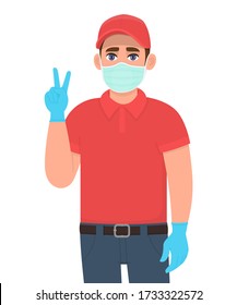 Courier or delivery man in safety mask and gloves showing victory, peace sign. Person gesturing V, two with fingers. Male making success symbol. Corona virus outbreak quarantine. Vector illustration.