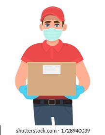 Courier or delivery man in safety protective medical mask, gloves holding parcel cargo box. Door delivery service during quarantine. Person carrying or giving cardboard pack. Vector illustration.