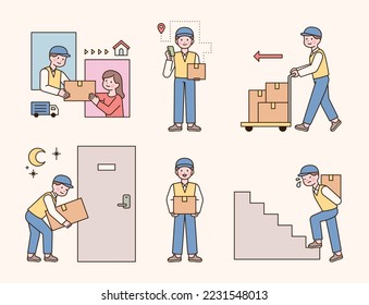 Courier delivery man's day. shipping to customers. Move the box to the cart. Up the stairs, morning delivery. flat vector illustration.