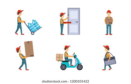 Courier or delivery men set, workers delivering water bottles, pizza, boxes, parcels, express delivery service concept vector Illustration on a white background