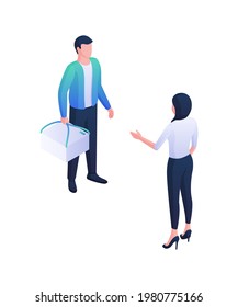 Courier delivery of orders isometric illustration. Male character stands with white box on handles and has conversation with woman. Services delivery high quality goods vector concept.
