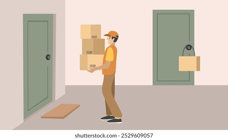 Pacote de entrega de correio no apartamento. Serviço de entrega de apartamentos. Entrega na porta da frente. Entrega rápida. Distribuição de depósito. Pós-serviço. 