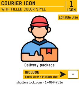 Icono del paquete de entrega de Courier con estilo de color relleno aislado en fondo blanco. Plantilla de diseño de ilustración vectorial para sitio web, aplicación móvil, logotipo, negocios, ecommerce y todo el proyecto