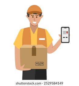 Paquete de entrega de mensajería. Servicio de entrega de paquetes. Chaleco de uso de mensajería. Entrega rápida. Paquete de entrega urgente. Entregue al trabajador. Trabajador de almacén.