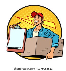 courier. Delivery of parcels and mail. Postman. Pop art retro vector illustration kitsch vintage