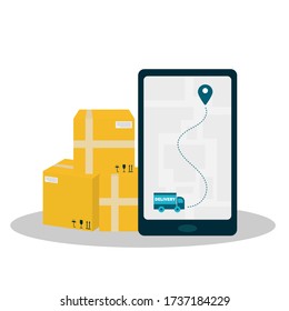 Courier delivery of parcels. Tracker  deliveryon the phone. Boxes. Parcel tracking. Flat vector illustration.