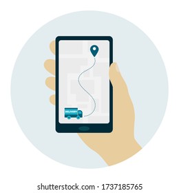 Courier delivery of parcels. Tracker on the phone. Parcel tracking. Flat vector illustration.