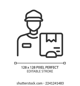 Icono lineal perfecto del píxel de entrega de Courier. Entregar el paquete de puerta en puerta. Envío urgente. Postman. Ilustración de línea delgada. Símbolo de contorno. Dibujo del contorno del vector. Trazo editable. Tipo de letra arial utilizado