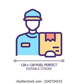 Courier delivery pixel perfect RGB color icon. Deliver package door to door. Express shipment. Postman. Isolated vector illustration. Simple filled line drawing. Editable stroke. Arial font used